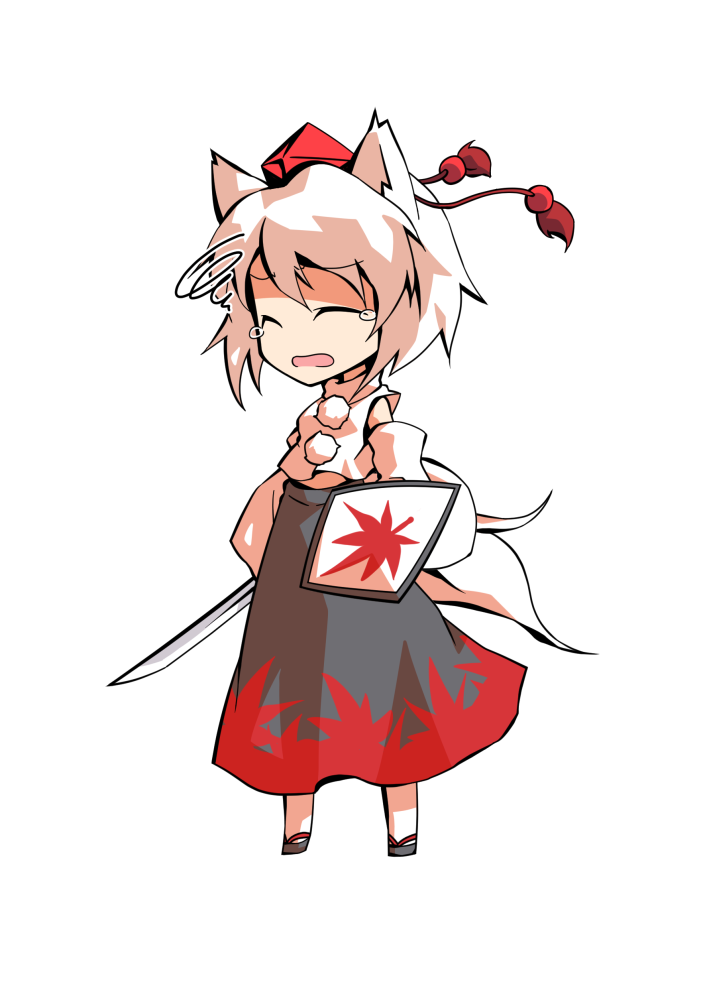 dairi, inubashiri momiji, touhou, commentary request, large variant set, variant set, 1girl, animal ears, black skirt, chibi, chibi only, detached sleeves, full body, grey sandals, hair between eyes, hat, holding, holding shield, holding sword, holding weapon, long skirt, midriff, multiple tails, red hat, sandals, shield, shirt, short hair, skirt, solo, standing, sword, tachi-e, tail, tokin hat, transparent background, turtleneck, weapon, white hair, white shirt