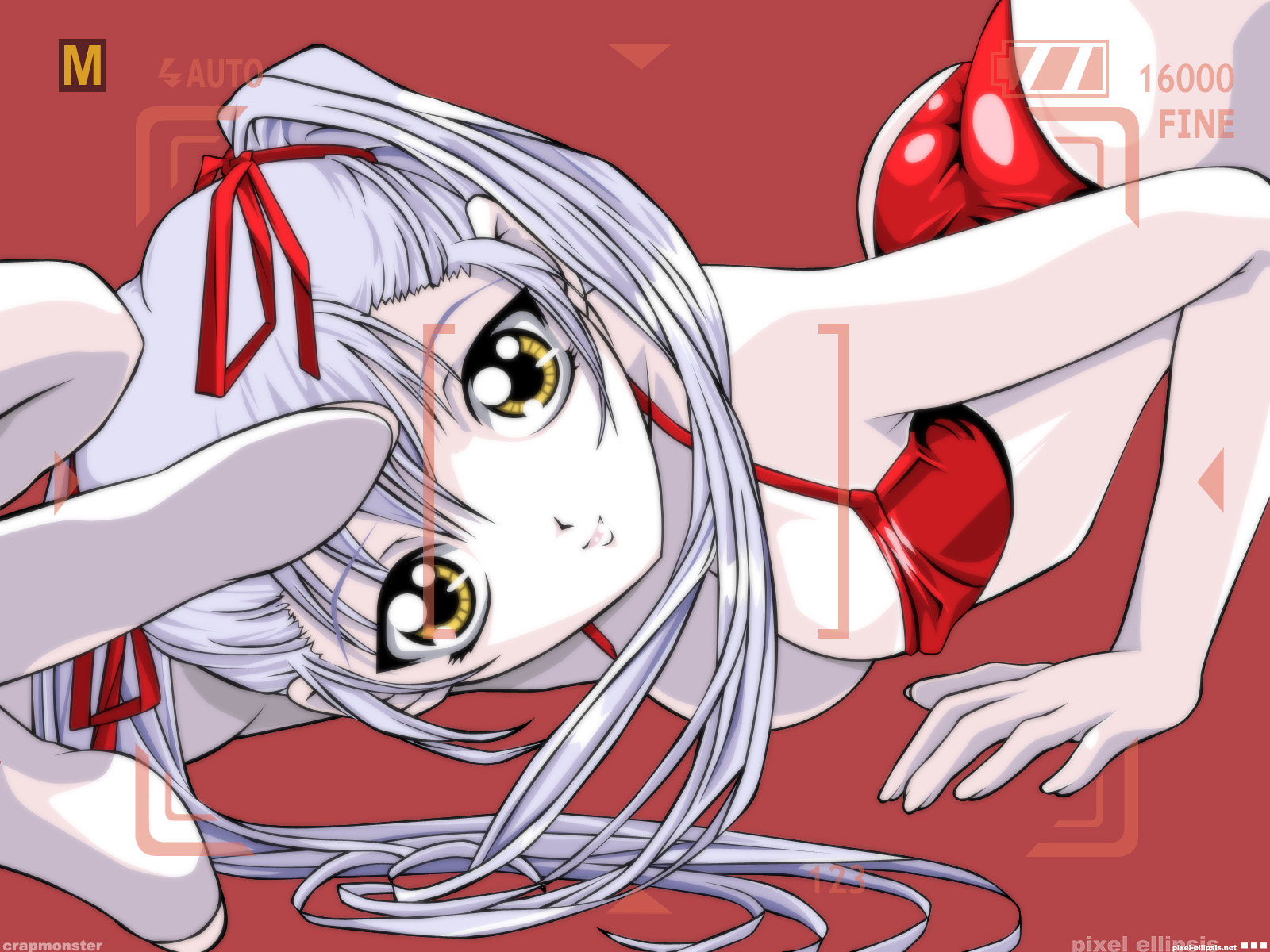 hoshino ruri, kidou senkan nadesico, derivative work, highres, non-web source, vector trace, 1girl, ass, bikini, blue hair, breasts, cleavage, female focus, medium breasts, solo, swimsuit, twintails, viewfinder, white hair, yellow eyes