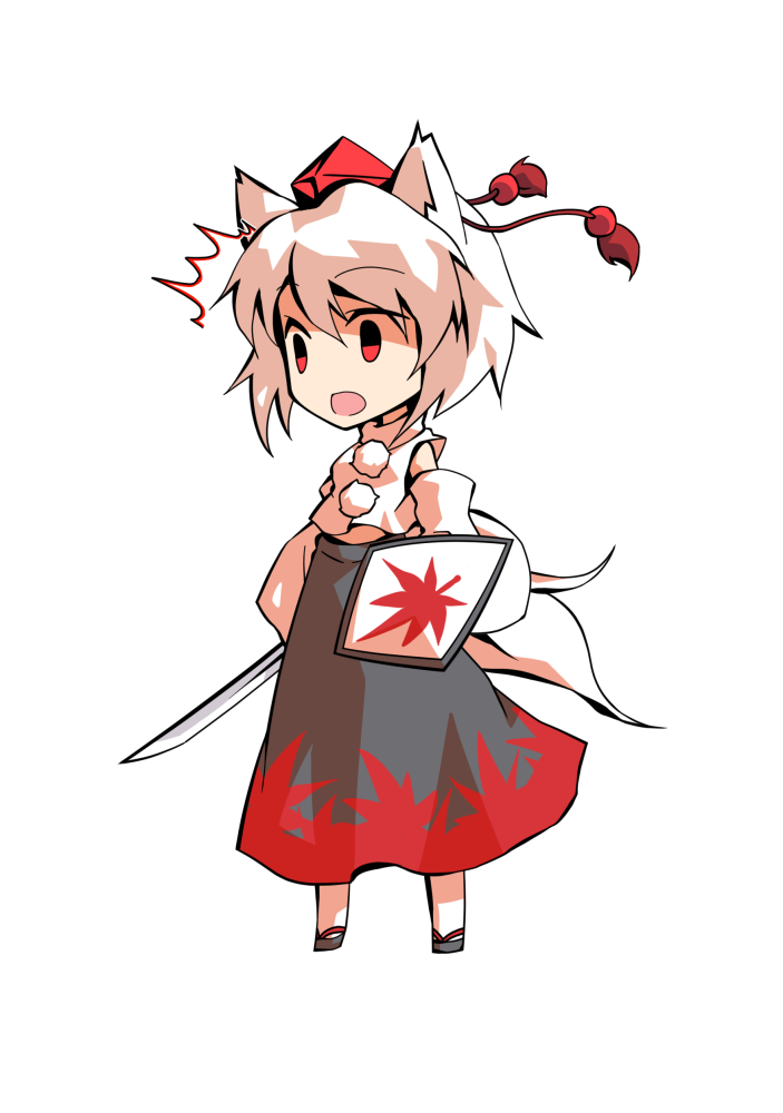 dairi, inubashiri momiji, touhou, commentary request, large variant set, variant set, 1girl, animal ears, black skirt, chibi, chibi only, detached sleeves, full body, grey sandals, hair between eyes, hat, holding, holding shield, holding sword, holding weapon, long skirt, midriff, multiple tails, red hat, sandals, shield, shirt, short hair, skirt, solo, standing, sword, tachi-e, tail, tokin hat, transparent background, turtleneck, weapon, white hair, white shirt