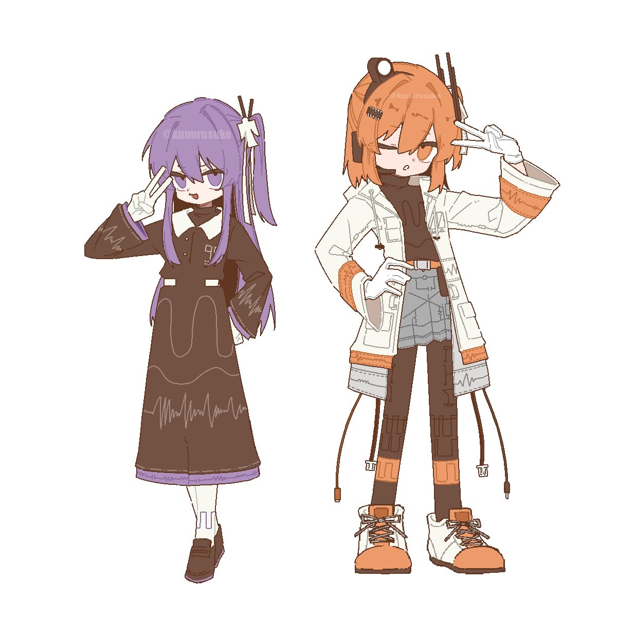 kuuurusuke, adachi rei, tsukumo shion, a.i. voice, utau, highres, 2girls, black dress, black pantyhose, black shirt, black shoes, cable, dress, full body, gloves, grey skirt, hand on own hip, hand up, headlamp, jacket, long hair, long sleeves, looking at viewer, medium hair, miniskirt, multiple girls, one eye closed, one side up, open clothes, open jacket, open mouth, orange eyes, orange hair, pantyhose, purple eyes, purple hair, shirt, shoes, simple background, skirt, sneakers, standing, v, white background, white gloves, white jacket, white shoes