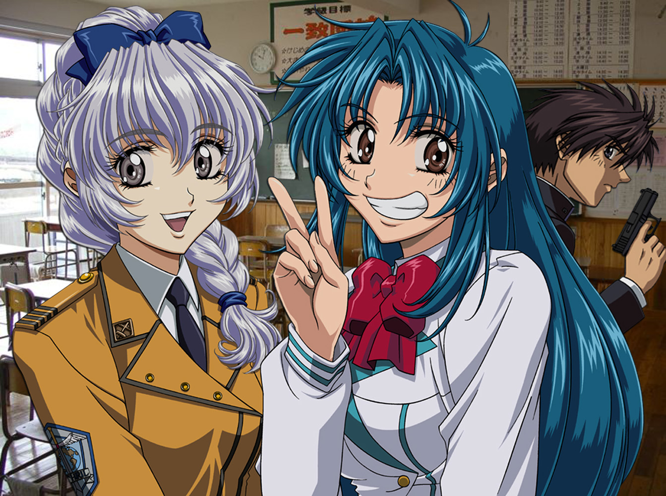 chidori kaname, sagara sousuke, teletha testarossa, full metal panic!, silver hair, 00s, 1boy, 2girls, :d, blazer, blue hair, bow, bowtie, brown eyes, brown hair, grin, jacket, long hair, long sleeves, looking at viewer, multiple girls, open mouth, red bow, red bowtie, smile, spiked hair, teeth, upper body, v, very long hair