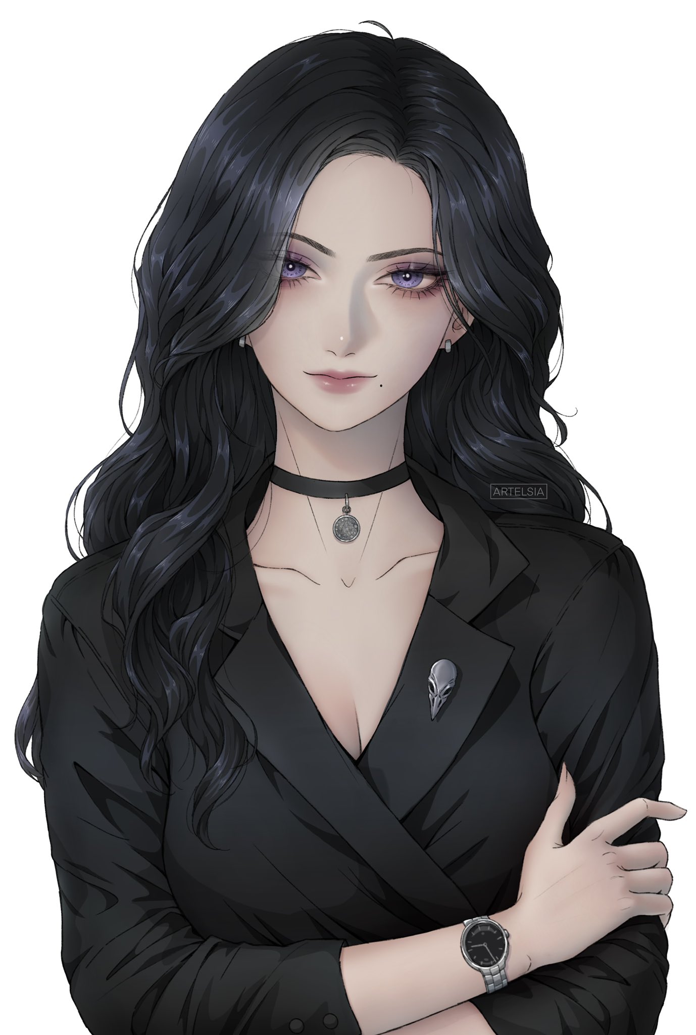 artelsia, yennefer of vengerberg, the witcher (series), the witcher 3, commentary, english commentary, highres, 1girl, artist name, black choker, black hair, black shirt, breasts, choker, cleavage, crossed arms, earrings, elbow sleeve, jewelry, lips, long hair, looking at viewer, medium breasts, mole, mole under mouth, parted bangs, purple eyes, shirt, simple background, solo, three-quarter sleeves, upper body, watch, white background, wristwatch