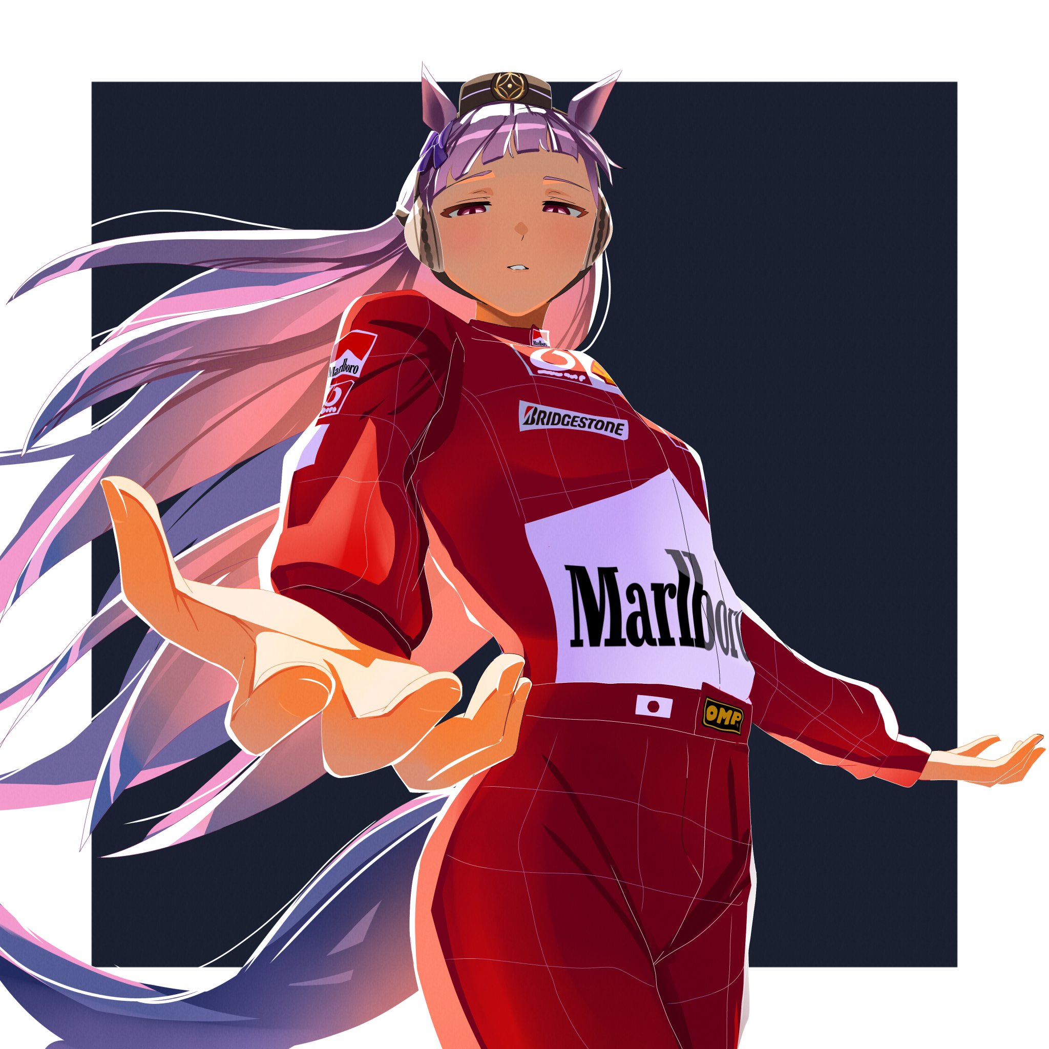 toyeeta prius, gold ship (umamusume), formula one, marlboro, shell (company), umamusume, highres, 1girl, animal ears, blunt bangs, blush, bow, breasts, brown hat, ear bow, grey hair, hat, horse ears, horse girl, horse tail, japanese flag, long hair, looking at viewer, parted lips, pillbox hat, purple bow, purple eyes, racing suit, red racing suit, solo, tail