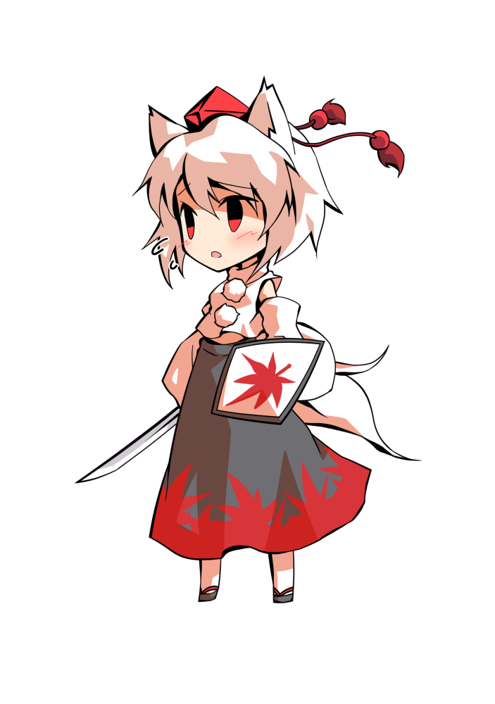 dairi, inubashiri momiji, touhou, commentary request, large variant set, variant set, 1girl, animal ears, black skirt, chibi, chibi only, detached sleeves, full body, grey sandals, hair between eyes, hat, holding, holding shield, holding sword, holding weapon, long skirt, midriff, multiple tails, red hat, sandals, shield, shirt, short hair, skirt, solo, standing, sword, tachi-e, tail, tokin hat, transparent background, turtleneck, weapon, white hair, white shirt