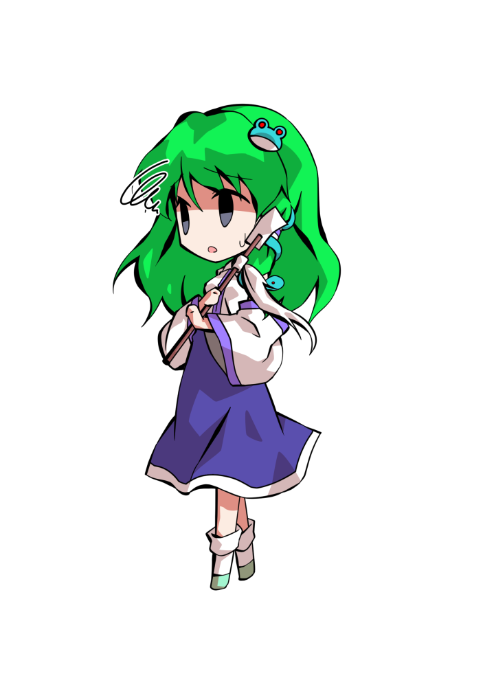 dairi, kochiya sanae, touhou, commentary request, large variant set, variant set, 1girl, blue skirt, breasts, chibi, chibi only, detached sleeves, frog hair ornament, full body, gohei, green hair, green shoes, hair ornament, holding, holding gohei, long hair, long skirt, shoes, skirt, snake hair ornament, socks, solo, tachi-e, transparent background, white sleeves, white socks, wide sleeves