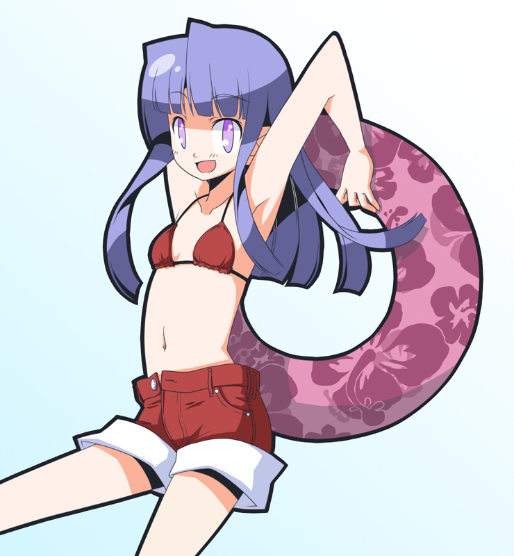 hinoshita hikari, original, bikini, bikini top only, innertube, red bikini, short shorts, shorts, solo, swim ring, swimsuit
