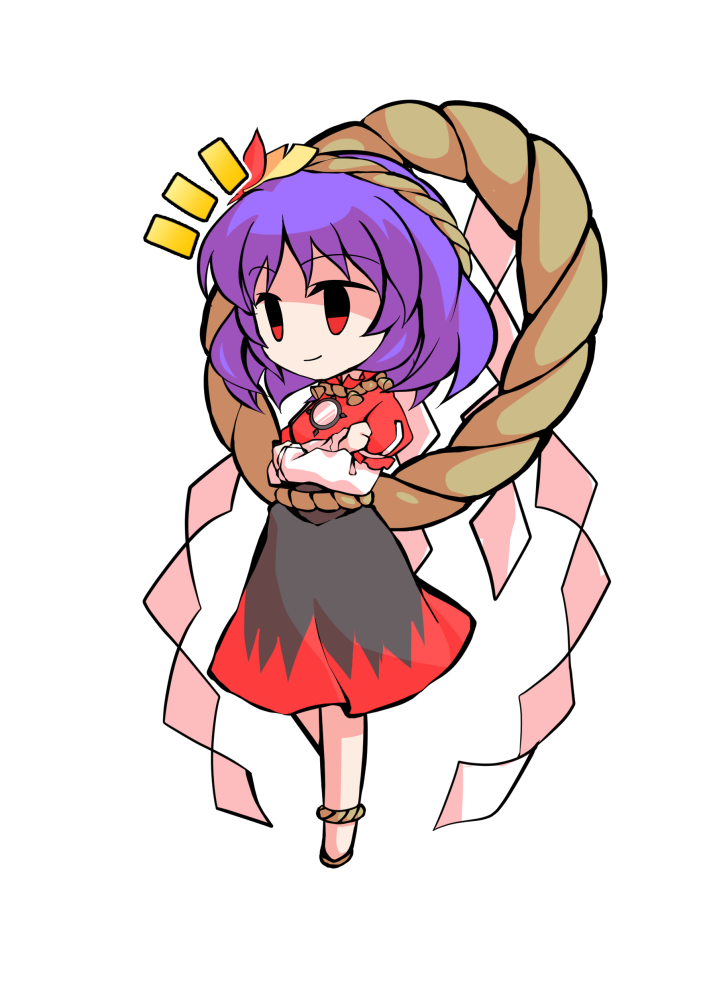 dairi, yasaka kanako, touhou, commentary request, large variant set, variant set, 1girl, black skirt, breasts, brown sandals, chibi, chibi only, crossed arms, full body, leaf, maple leaf, medium hair, mirror, purple hair, red shirt, rope, rope belt, sandals, shimenawa, shirt, skirt, solo, tachi-e, transparent background