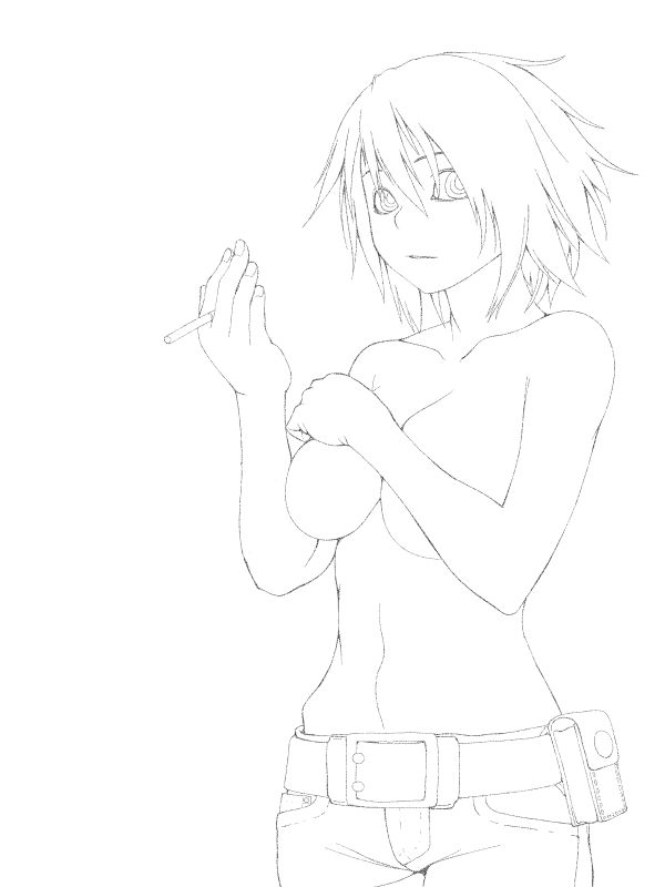 original, tagme, 1girl, cigarette, female focus, greyscale, monochrome, solo, topless female