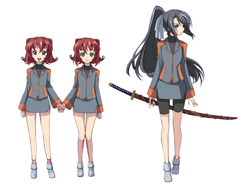 hayakawa harui, original, uniform, 3girls, bike shorts, black eyes, black hair, green eyes, long hair, maroon hair, multiple girls, purple eyes, short hair, siblings, sisters, skirt, standing, sword, thighs, twins, weapon, white background