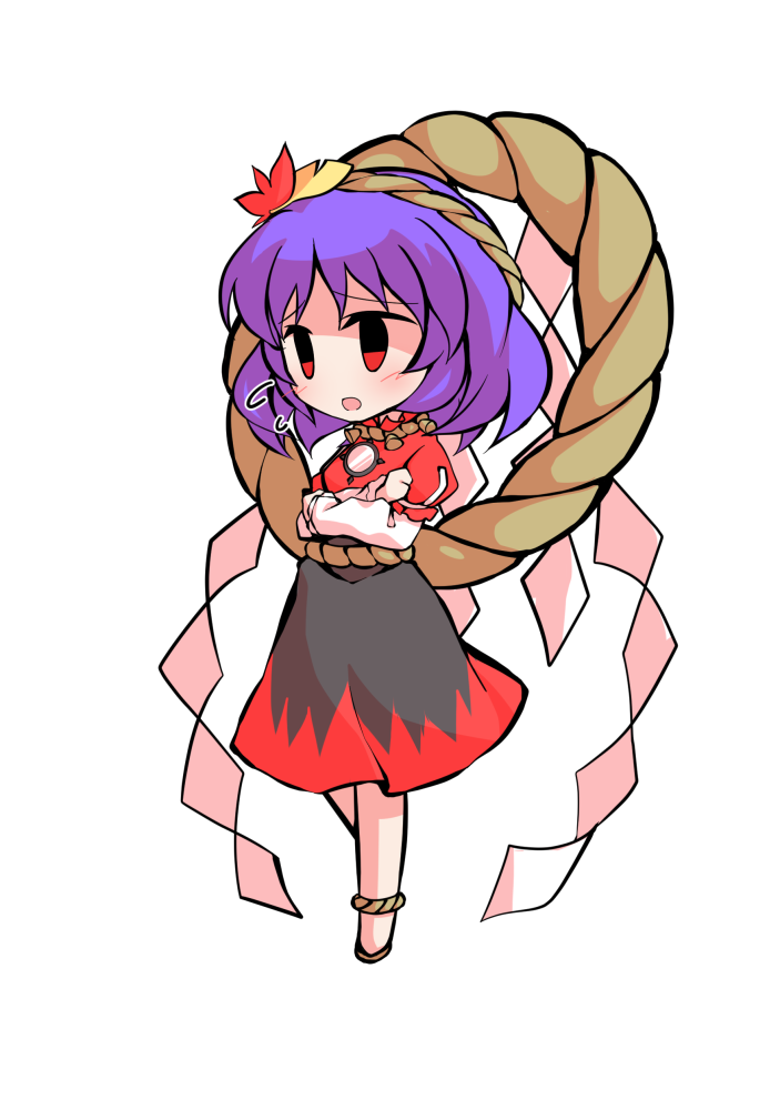 dairi, yasaka kanako, touhou, commentary request, large variant set, variant set, 1girl, black skirt, breasts, brown sandals, chibi, chibi only, crossed arms, full body, leaf, maple leaf, medium hair, mirror, purple hair, red shirt, rope, rope belt, sandals, shimenawa, shirt, skirt, solo, tachi-e, transparent background