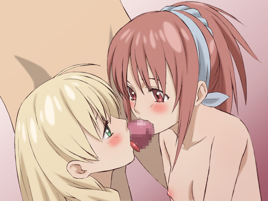 kekke, bad id, bad pixiv id, 1boy, 2girls, blonde hair, blush, breasts, censored, completely nude, cooperative fellatio, eye contact, fellatio, flat chest, green eyes, hairband, licking, loli, long hair, looking at another, multiple girls, nipples, nude, oral, penis, ponytail, red eyes, red hair, short hair, teamwork, teamwork (sexual)