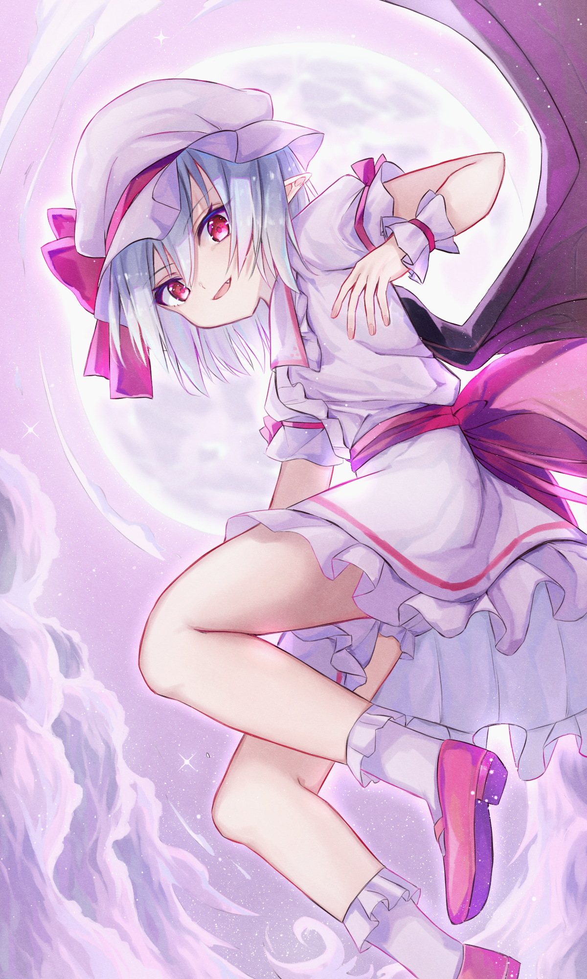katsukare, remilia scarlet, touhou, commentary request, highres, 1girl, bat wings, blue hair, bow, collared shirt, fang, frilled shirt collar, frills, hat, hat bow, looking at viewer, mary janes, mob cap, open mouth, pointy ears, red bow, red eyes, red shoes, shirt, shoes, short sleeves, skirt, smile, socks, solo, white hat, white shirt, white skirt, white socks, wings, wrist cuffs