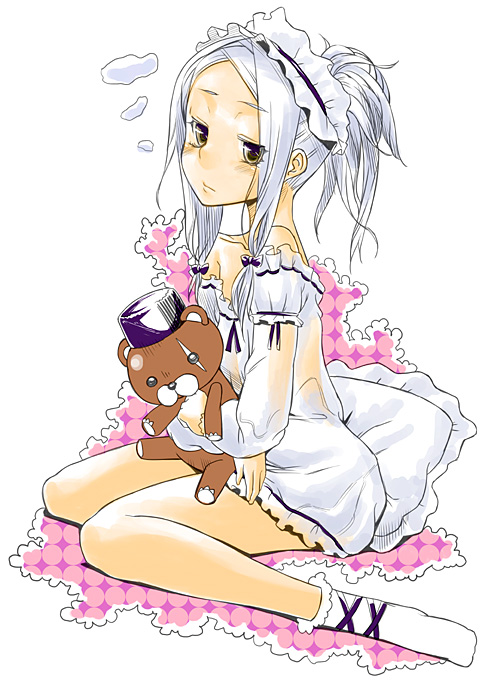 nabeshiki (rakuneko yashiki), nabeyaki neko, soma peries, gundam, gundam 00, silver hair, 00s, 1girl, bare shoulders, dress, female focus, flat chest, frills, gothic lolita, hairband, lolita fashion, ponytail, socks, solo, stuffed animal, stuffed toy, teddy bear, yellow eyes