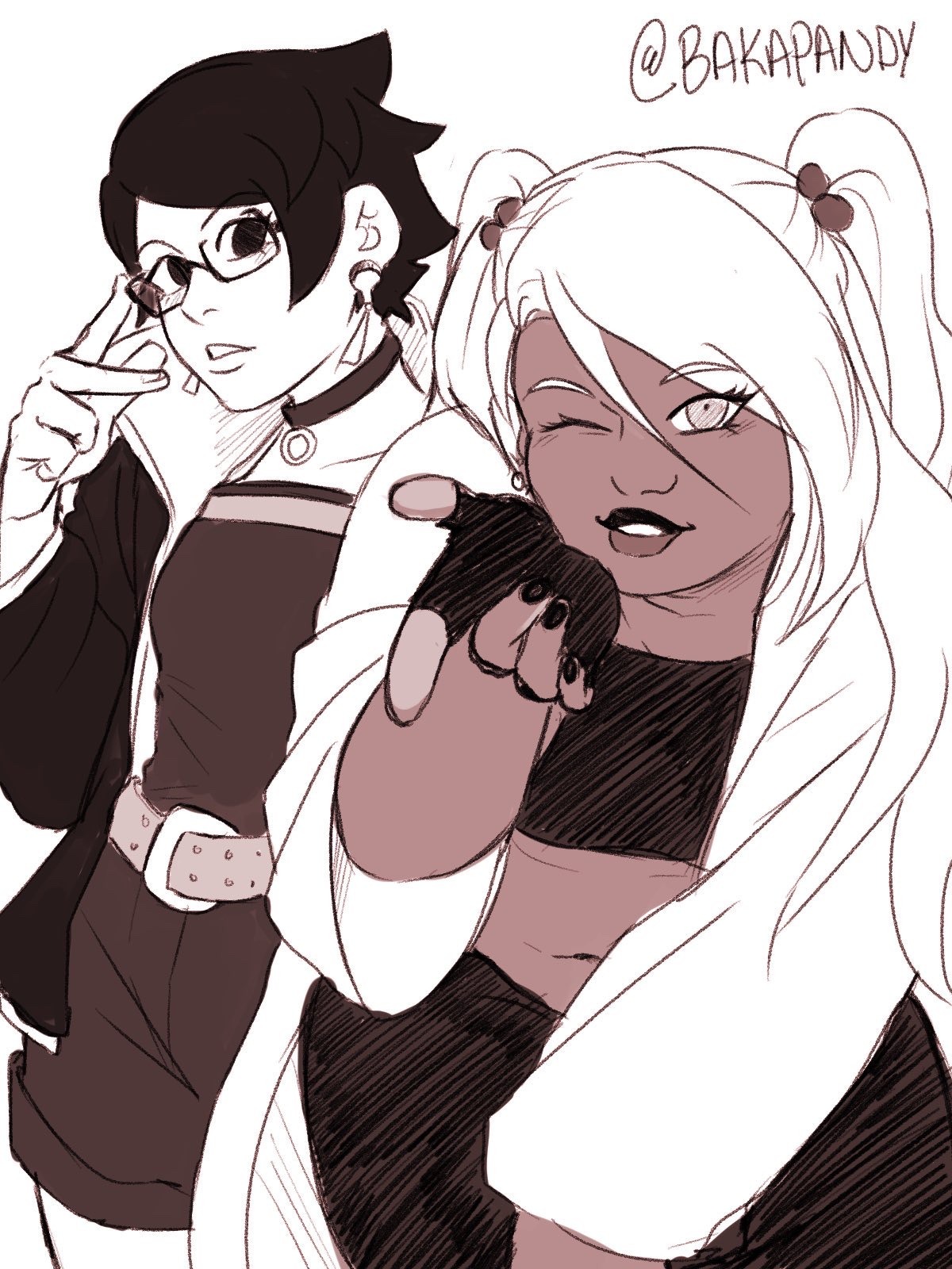 bakapandy, akimichi chouchou, uchiha sarada, boruto: two blue vortex, naruto (series), commentary, english commentary, highres, 2girls, adjusting eyewear, belly, belt, bent over, choker, coat, dark-skinned female, dark skin, fingerless gloves, glasses, gloves, hair bobbles, hair ornament, limited palette, midriff, multiple girls, nail polish, navel, one eye closed, parted lips, plump, short hair, short shorts, shorts, strapless, tube top, two side up