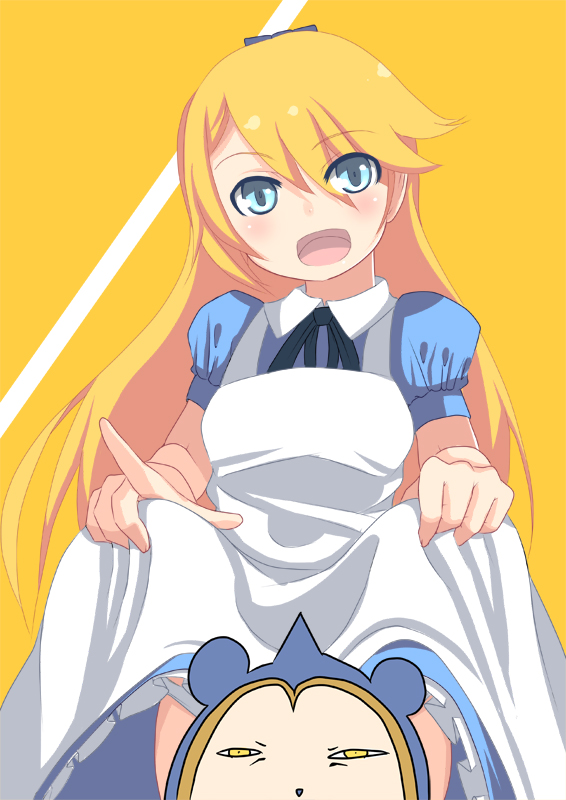 johnny funamushi, alice (alice in wonderland), kuma (persona 4), alice's adventures in wonderland, atlus, persona, persona 4, 1boy, alice (alice in wonderland) (cosplay), censored, clothes lift, cosplay, crossdressing, crossdressing (mtf), male focus, skirt, skirt lift, solo, trap