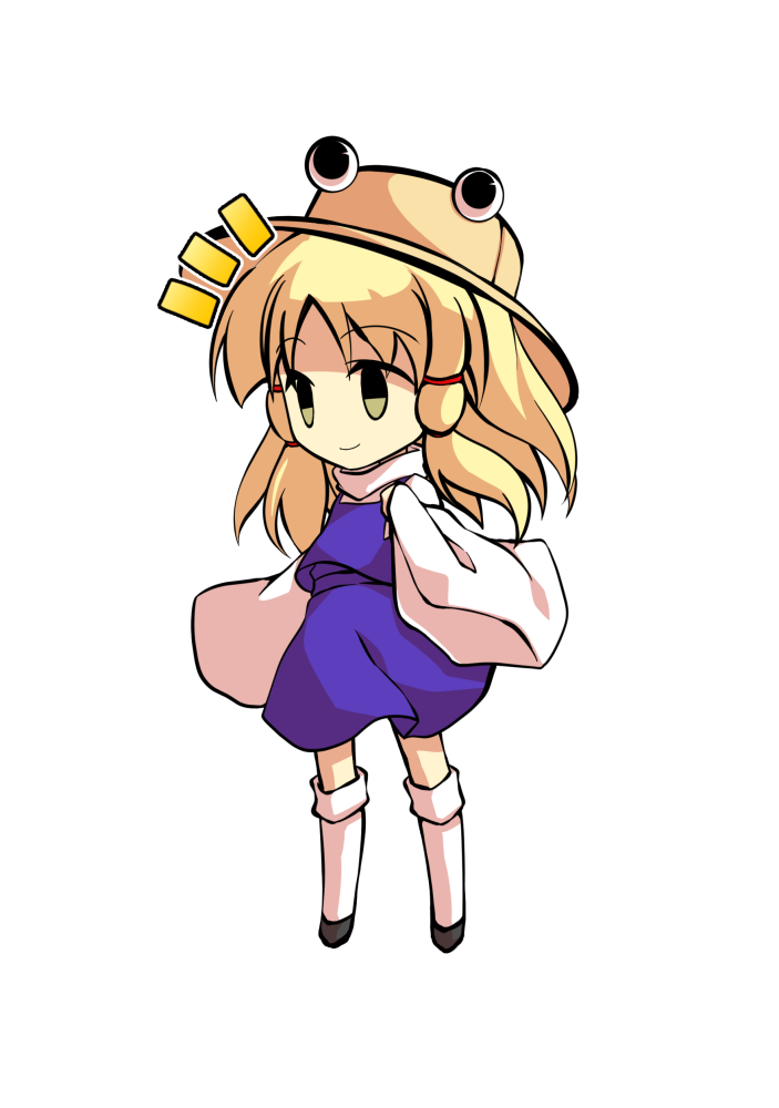 dairi, touhou, commentary request, large variant set, variant set, 1girl, black shoes, blonde hair, chibi, chibi only, frog hat, full body, hand up, kneehighs, purple skirt, purple vest, shirt, shoes, skirt, skirt set, socks, solo, tachi-e, transparent background, vest, white shirt, white socks, wide sleeves