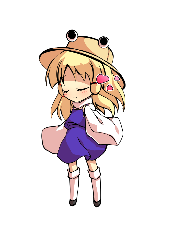 dairi, touhou, commentary request, large variant set, variant set, 1girl, black shoes, blonde hair, chibi, chibi only, frog hat, full body, hand up, kneehighs, purple skirt, purple vest, shirt, shoes, skirt, skirt set, socks, solo, tachi-e, transparent background, vest, white shirt, white socks, wide sleeves