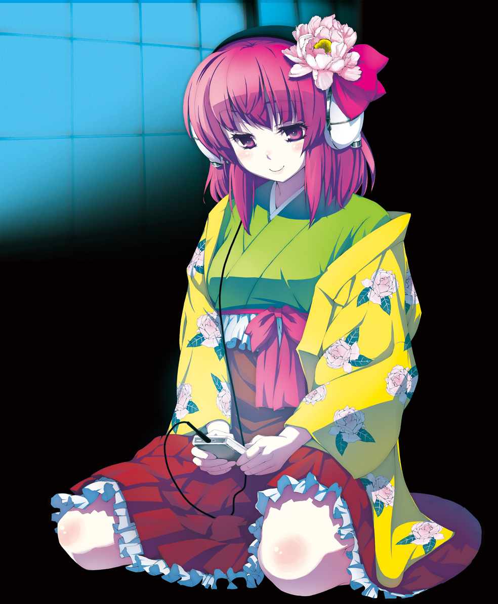 kabayaki unagi, hieda no akyuu, touhou, zytokine, bad id, bad pixiv id, 1girl, album cover, cover, digital media player, female focus, flower, frills, full body, hair flower, hair ornament, hairband, headphones, japanese clothes, kneeling, pink eyes, pink hair, short hair, sitting, smile, solo