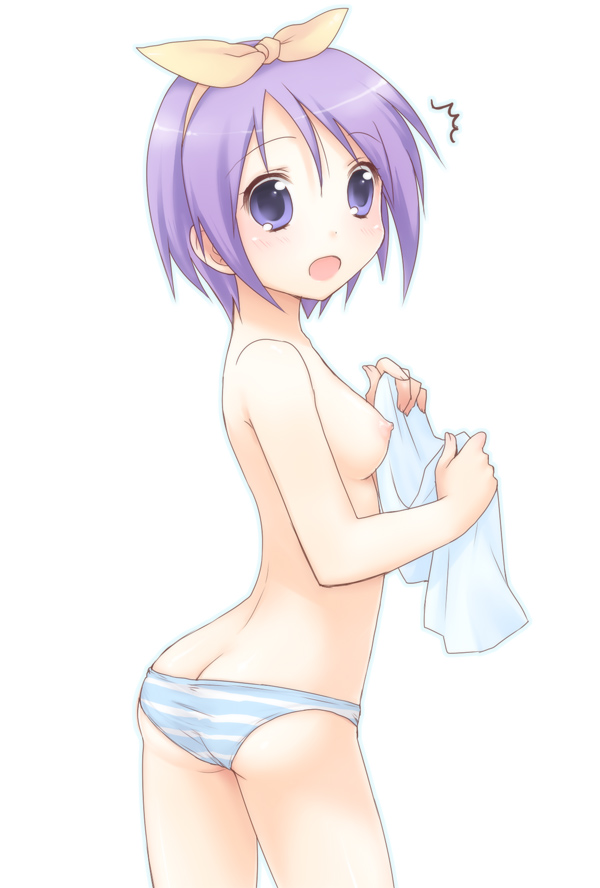usashiro mani, hiiragi tsukasa, lucky star, bad id, bad pixiv id, 00s, 1girl, ass, blue panties, breasts, butt crack, female focus, hairband, nipples, panties, purple eyes, purple hair, short hair, small breasts, solo, striped clothes, striped panties, topless female, underwear