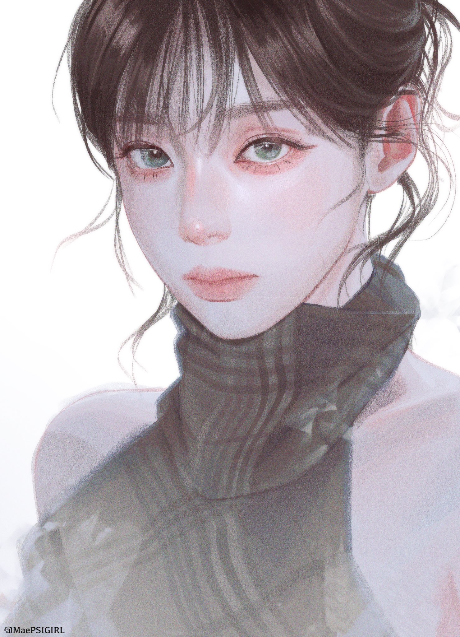 aespa, real life, highres, 1girl, black eyeliner, brown hair, closed mouth, eyeliner, eyeshadow, hair bun, k-pop, maepsigirl, makeup, mascara, realistic, simple background, sleeveless, sleeveless turtleneck, turtleneck, twitter username, upper body, white background, winter (aespa)