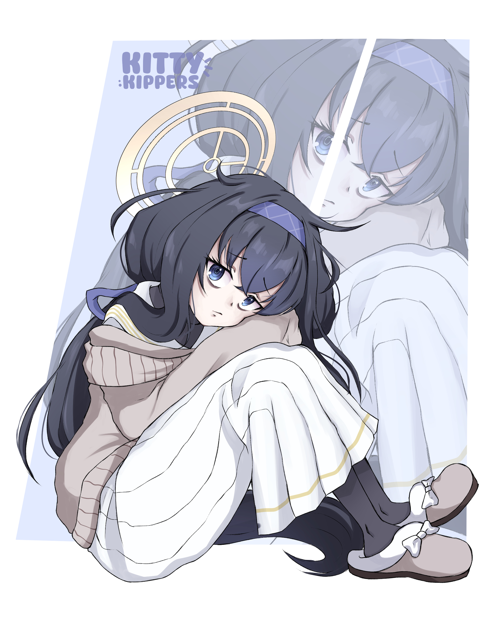 ui (blue archive), blue archive, absurdres, highres, black hair, kittenkippers, on floor