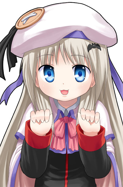 nagian, noumi kudryavka, little busters!, silver hair, 1girl, :3, blue eyes, bow, buttons, cape, female focus, hat, large buttons, long hair, pink bow, solo
