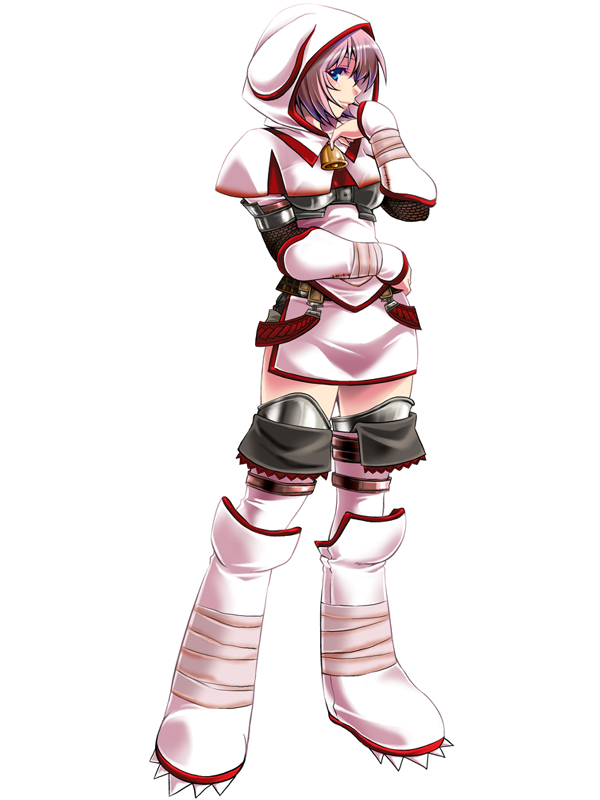 amagai yukino, capcom, monster hunter (series), 1girl, bell, blue eyes, female focus, hood, khezu (armor), pink hair, short hair, solo, thighhighs