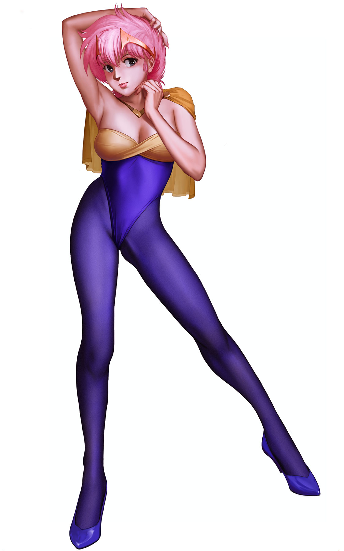 python (snake legs), baradagi, kenritsu chikyuu boueigun, highres, 1girl, armpits, blue eyes, female focus, high heels, legs, lips, long legs, pantyhose, pink hair, shoes, short hair, simple background, solo, white background