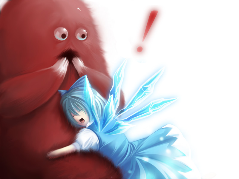 sumito, cirno, mukku, hirake! ponkikki, touhou, !, 1girl, blue hair, closed eyes, crystal, female focus, hand to own mouth, hug, ice, ice wings, monster, open mouth, puffy short sleeves, puffy sleeves, short hair, short sleeves, surprised, upper body, white background, wide sleeves, wings