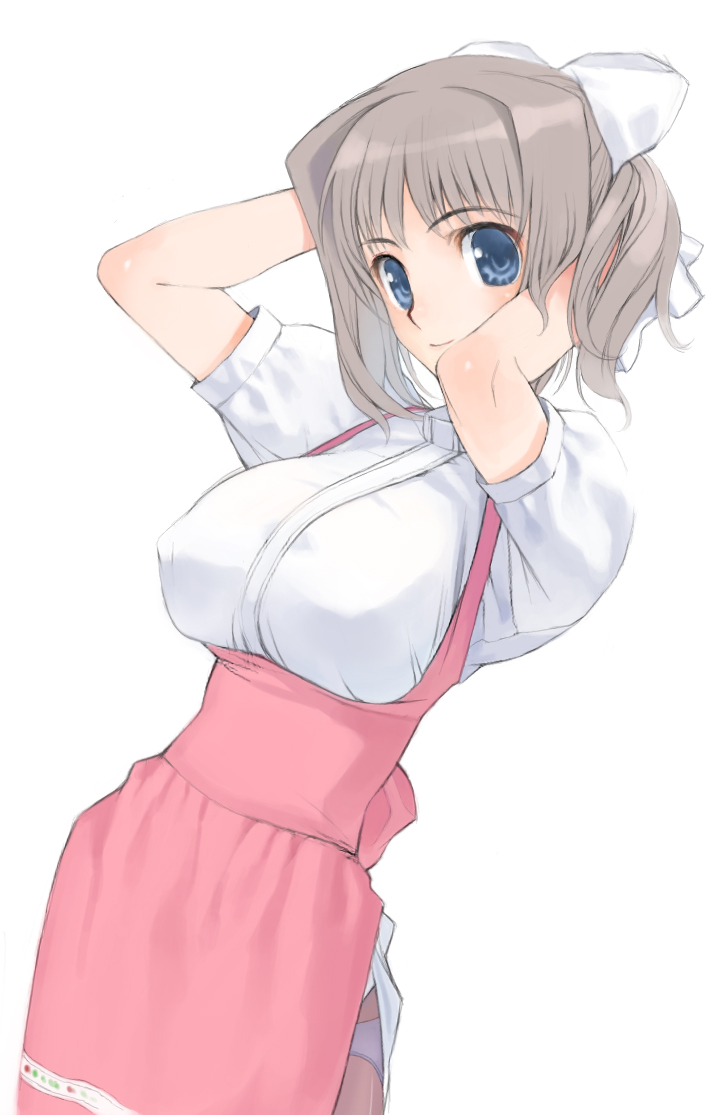 anna miller, silver hair, 1girl, adjusting hair, blue eyes, breasts, brown hair, covered erect nipples, female focus, large breasts, panties, panties under pantyhose, pantyhose, smile, solo, underwear, waitress