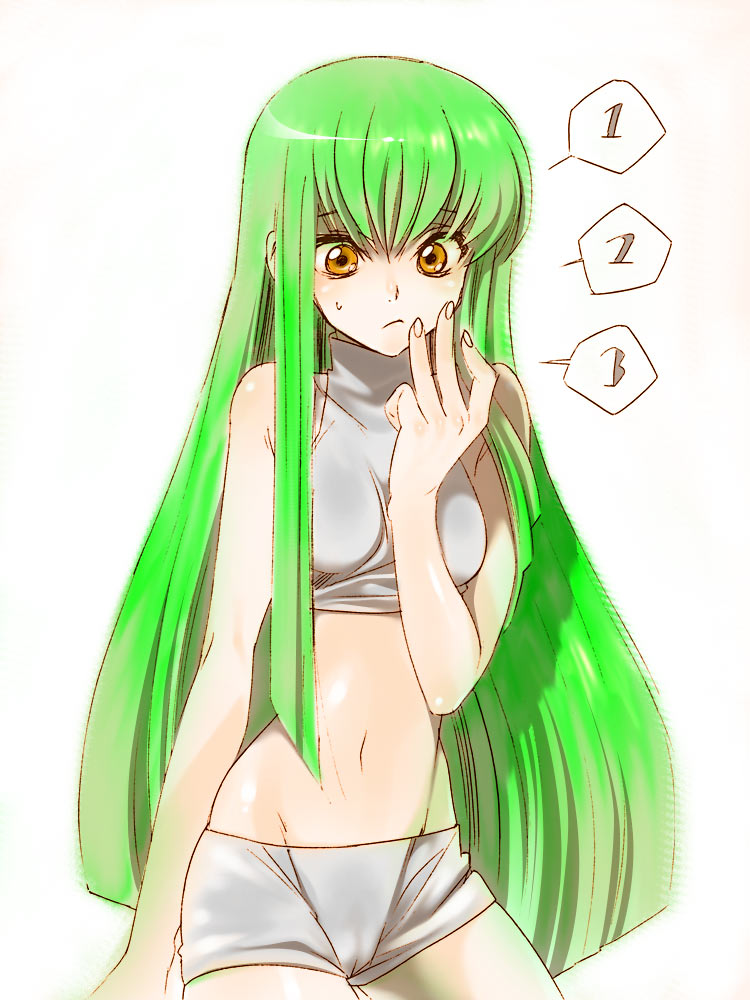 yukimitsuki, c.c., code geass, bad id, bad pixiv id, 00s, 1girl, bare shoulders, cameltoe, counting, female focus, green hair, long hair, midriff, orange eyes, shorts, sleeveless, sleeveless turtleneck, solo, turtleneck, yellow eyes