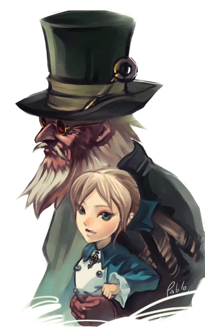 pablo uchida, alice elliot, cornelia (shadow hearts), gepetto (shadow hearts), shadow hearts, shadow hearts ii, 1boy, 1girl, alice elliot (cosplay), alternate costume, beard, blonde hair, blue eyes, cosplay, doll, facial hair, glasses, hair ribbon, key, ribbon, ringlets