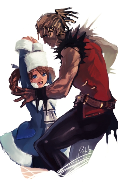 pablo uchida, anastasia (shadow hearts), joachim valentine, shadow hearts, shadow hearts ii, blonde hair, brown hair, dress, hair ribbon, hat, ribbon, smile