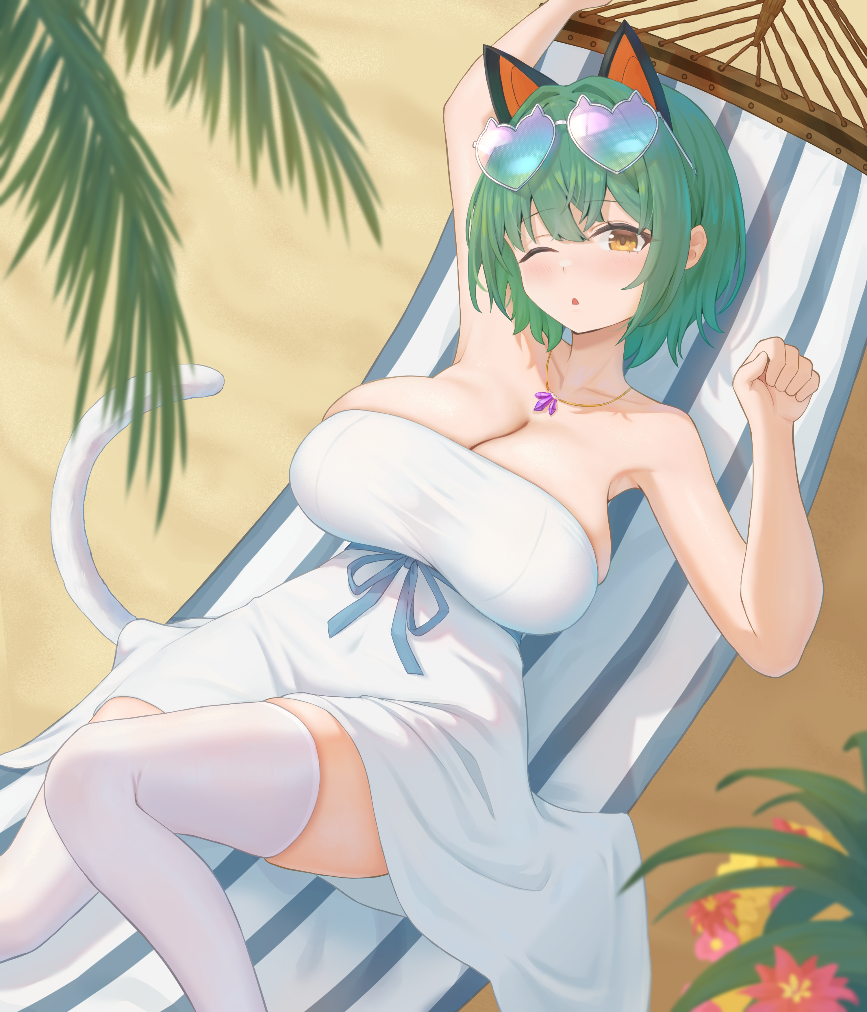 jidong gongbing, admiral nakhimov (azur lane), azur lane, absurdres, highres, 1girl, animal ears, arm up, armpits, bare arms, bare shoulders, beach, blue ribbon, blurry, blurry foreground, breasts, bursting breasts, cat ears, cat tail, cleavage, collarbone, covered navel, dress, dress ribbon, eyewear on head, feet out of frame, green hair, hair between eyes, hammock, hand up, head tilt, jewelry, large breasts, looking at viewer, lying, necklace, on back, on hammock, one eye closed, open mouth, outdoors, palm tree, pendant, plant, ribbon, short hair, solo, strapless, strapless dress, sunglasses, tail, thighhighs, tree, underbust, white dress, white tail, white thighhighs, yellow eyes