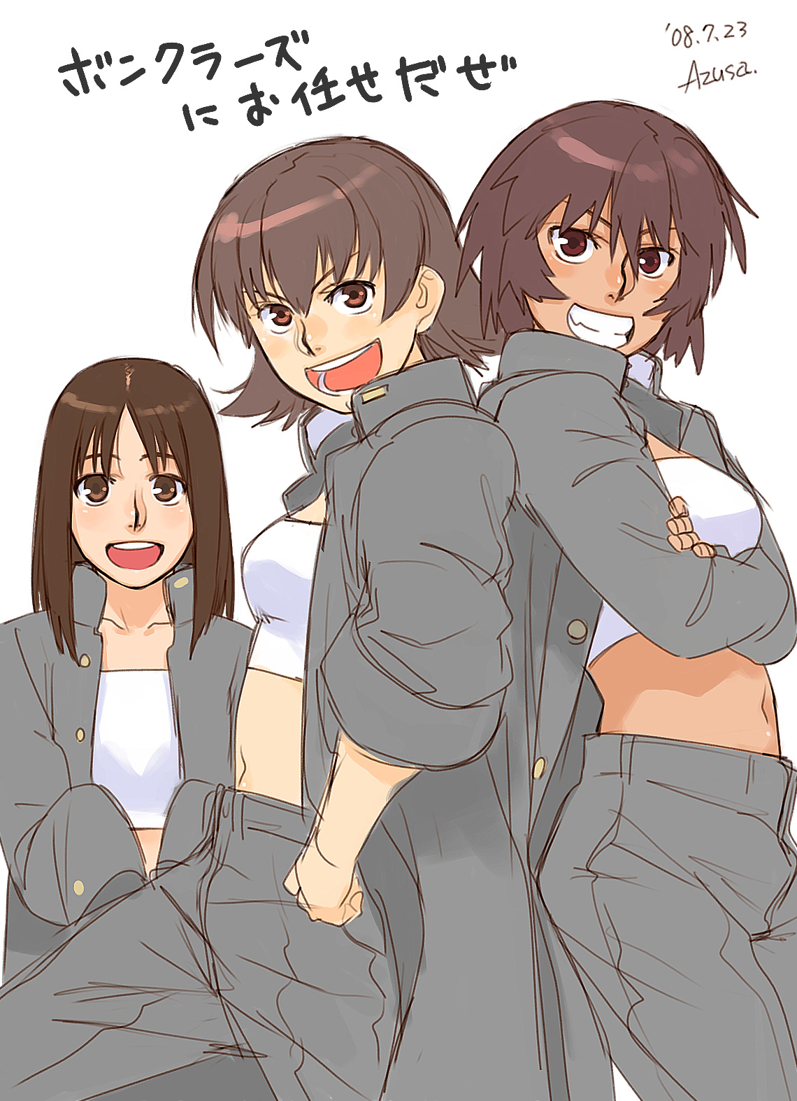 azusa (hws), kagura, kagura (azumanga daioh), kasuga ayumu, takino tomo, azumanga daiou, highres, translated, 3girls, bob cut, bonklers, brown eyes, brown hair, gakuran, long hair, midriff, multiple girls, open clothes, open shirt, school uniform, serafuku, shirt, short hair, sleeves rolled up, smile, strapless, tomboy, tube top, white background