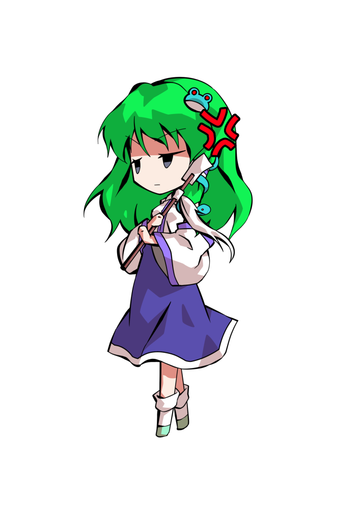 dairi, kochiya sanae, touhou, commentary request, large variant set, variant set, 1girl, blue skirt, breasts, chibi, chibi only, detached sleeves, frog hair ornament, full body, gohei, green hair, green shoes, hair ornament, holding, holding gohei, long hair, long skirt, shoes, skirt, snake hair ornament, socks, solo, tachi-e, transparent background, white sleeves, white socks, wide sleeves