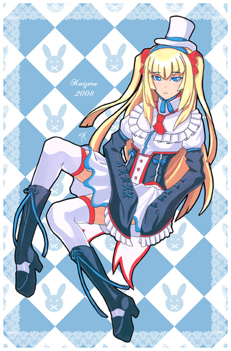 kaizeru, kaizeru (artist), original, 1girl, blonde hair, blue eyes, blunt bangs, boots, checkered background, corset, dress, female focus, hat, lolita fashion, long hair, long sleeves, mini hat, mini top hat, rabbit, ribbon, skirt, solo, thighhighs, top hat, twintails