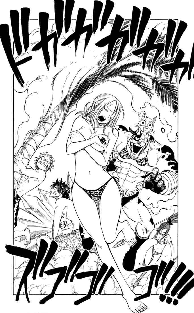 mashima hiro, erza scarlet, gray fullbuster, happy (fairy tail), lucy heartfilia, natsu dragneel, taurus (fairy tail), fairy tail, official art, tagme, 00s, 2girls, 3boys, bikini, bikini bottom only, covering breasts, covering privates, monochrome, multiple boys, multiple girls, swimsuit, topless female, unworn bikini top