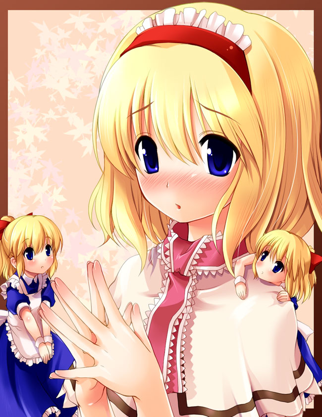 tilm, alice margatroid, shanghai doll, touhou, 1girl, blonde hair, blue eyes, blush, capelet, doll, female focus, hairband, ribbon, short hair, sidelocks, solo, steepled fingers