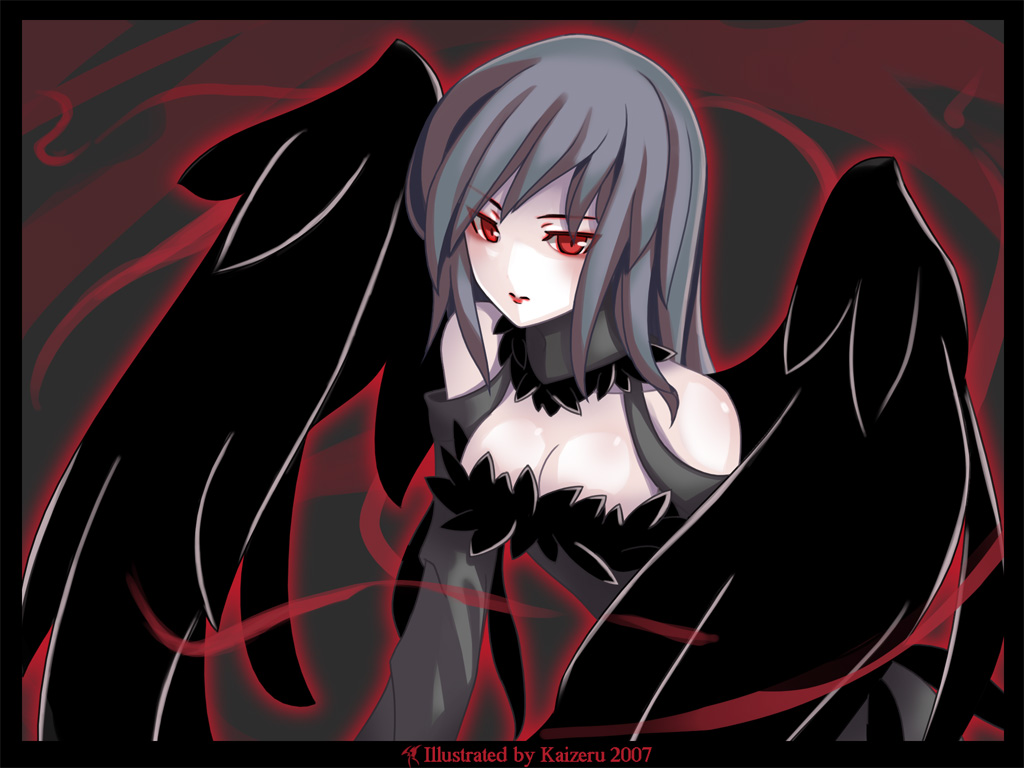 kaizeru, kaizeru (artist), original, silver hair, 1girl, black hair, black wings, breasts, choker, cleavage, female focus, lipstick, long hair, makeup, medium breasts, red eyes, solo, wings