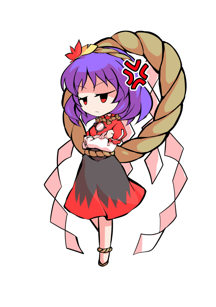 dairi, yasaka kanako, touhou, commentary request, large variant set, variant set, 1girl, black skirt, breasts, brown sandals, chibi, chibi only, crossed arms, full body, leaf, maple leaf, medium hair, mirror, purple hair, red shirt, rope, rope belt, sandals, shimenawa, shirt, skirt, solo, tachi-e, transparent background