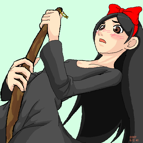 kiki (majo no takkyuubin), kitsu chiri, majo no takkyuubin, sayonara zetsubou sensei, studio ghibli, lowres, non-web source, 1girl, black hair, blush, bow, broom, broom riding, brown eyes, clothed masturbation, cosplay, crotch rub, dress, female focus, female masturbation, hair bow, hairband, kiki (majo no takkyuubin) (cosplay), long hair, masturbation, masturbation through clothes, oekaki, parody, parted bangs, solo, through clothes