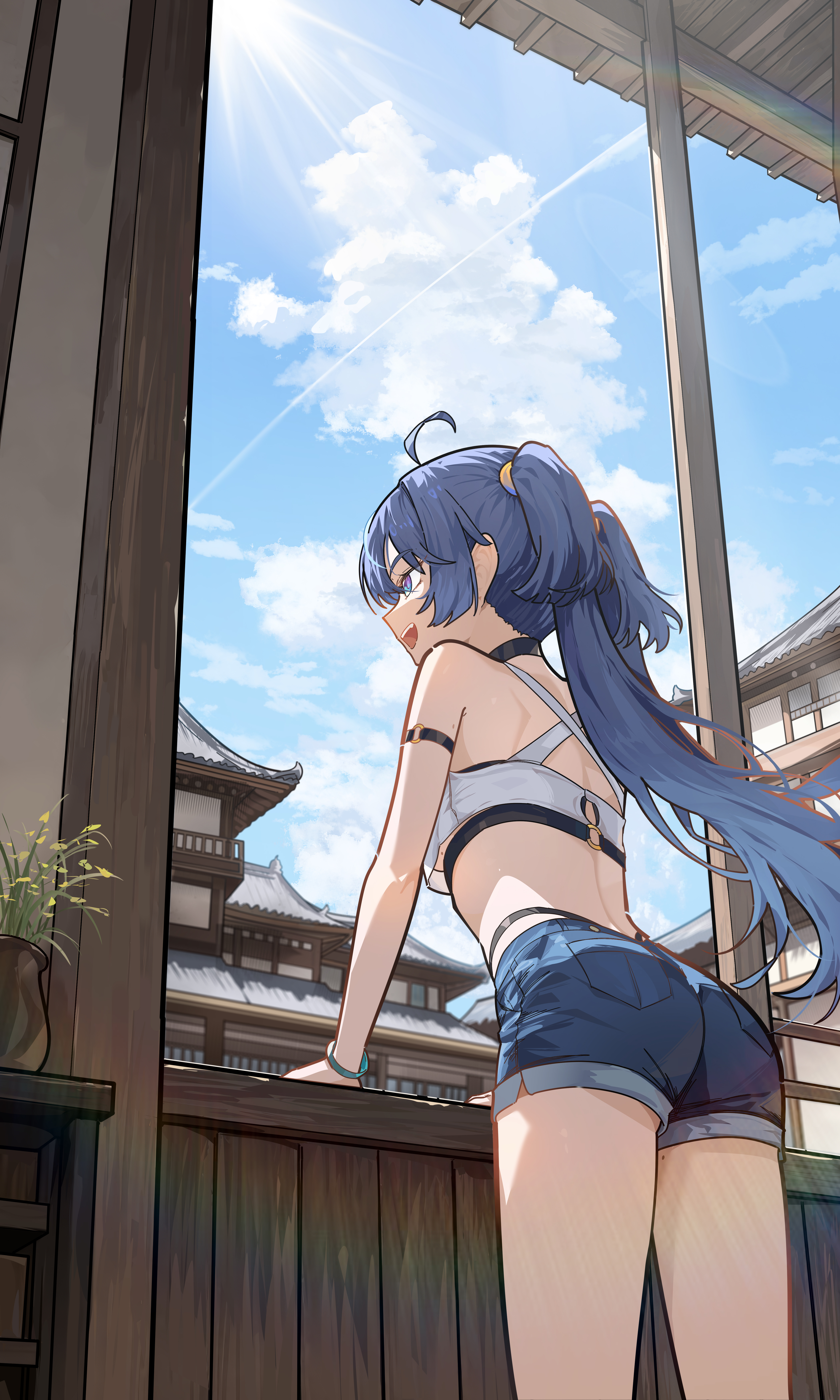 ryeon (naturesan), iuno (wuthering waves), wuthering waves, absurdres, highres, 1girl, alternate costume, architecture, ass, blue eyes, blue hair, blue shorts, bracelet, breasts, cloud, cropped shirt, day, east asian architecture, from behind, jewelry, long hair, looking ahead, midriff, mole, mole on breast, mole on thigh, open mouth, shirt, shorts, solo, twintails, underboob, white shirt
