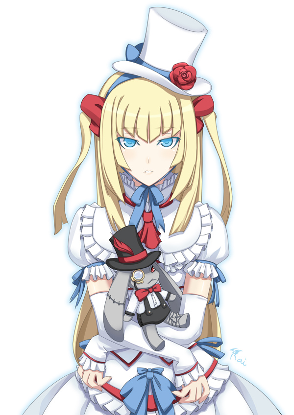 kaizeru, kaizeru (artist), original, 1girl, arm warmers, blonde hair, blue eyes, blunt bangs, dress, elbow gloves, female focus, flower, gloves, hat, lolita fashion, long hair, mini hat, mini top hat, rabbit, ribbon, rose, scar, solo, stitches, stuffed animal, stuffed rabbit, stuffed toy, top hat, twintails