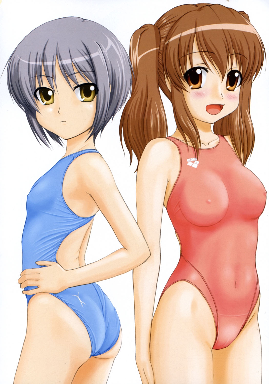 asahina mikuru, nagato yuki, suzumiya haruhi no yuuutsu, silver hair, highres, tagme, 00s, ass, blush, breasts, brown hair, cameltoe, swimsuit, twintails, yellow eyes