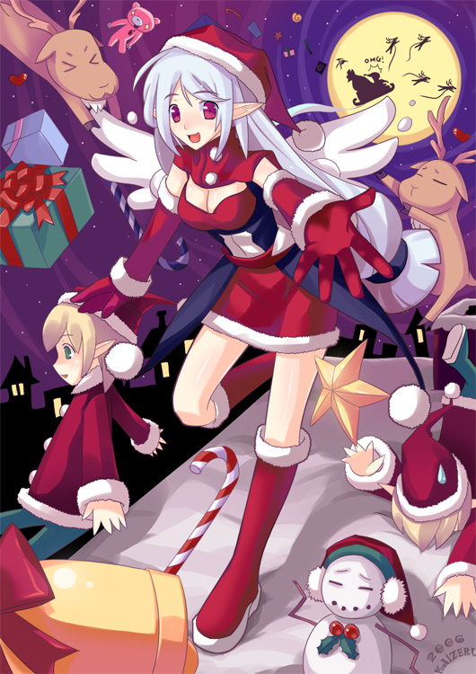 kaizeru, kaizeru (artist), original, 3girls, blonde hair, blush, boots, child, christmas, elbow gloves, gift, gloves, green eyes, hat, long hair, multiple girls, pointy ears, red eyes, red gloves, santa costume, santa hat, short hair, skirt, thighhighs, wings