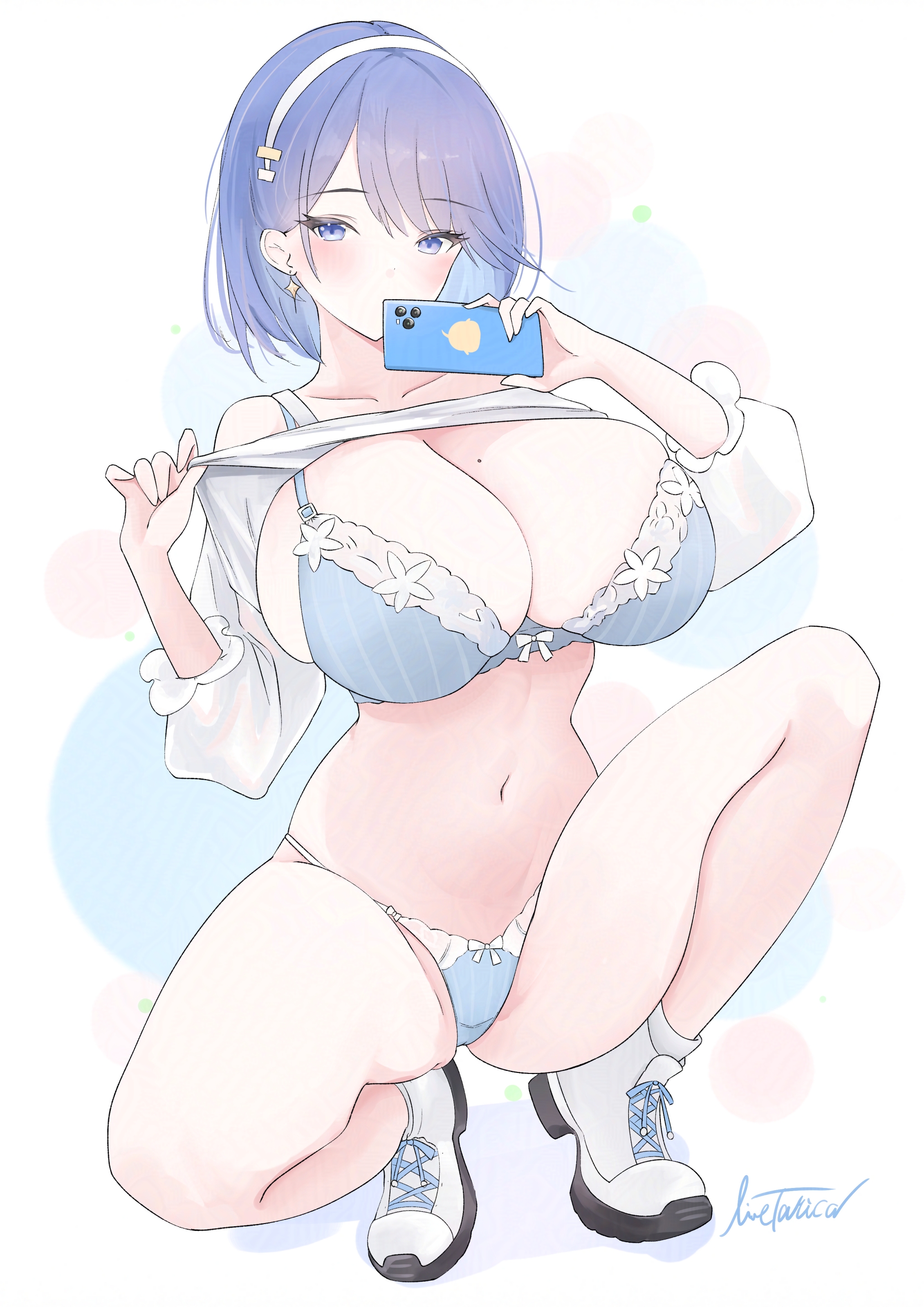 livetarica, chapayev (azur lane), azur lane, absurdres, highres, 1girl, blue bra, blue eyes, blue hair, blue panties, bra, breasts, bursting breasts, cellphone, cleavage, clothes lift, collarbone, covered mouth, dotted background, earrings, full body, hair behind ear, hairband, hands up, holding, holding phone, jewelry, large breasts, lifting own clothes, looking at viewer, mole, mole on breast, navel, no pants, panties, phone, shirt, shirt lift, shoes, short hair, smartphone, solo, squatting, star (symbol), star earrings, striped bra, striped clothes, striped panties, swept bangs, underwear, vertical-striped bra, vertical-striped clothes, vertical-striped panties, white hairband, white shirt, white shoes