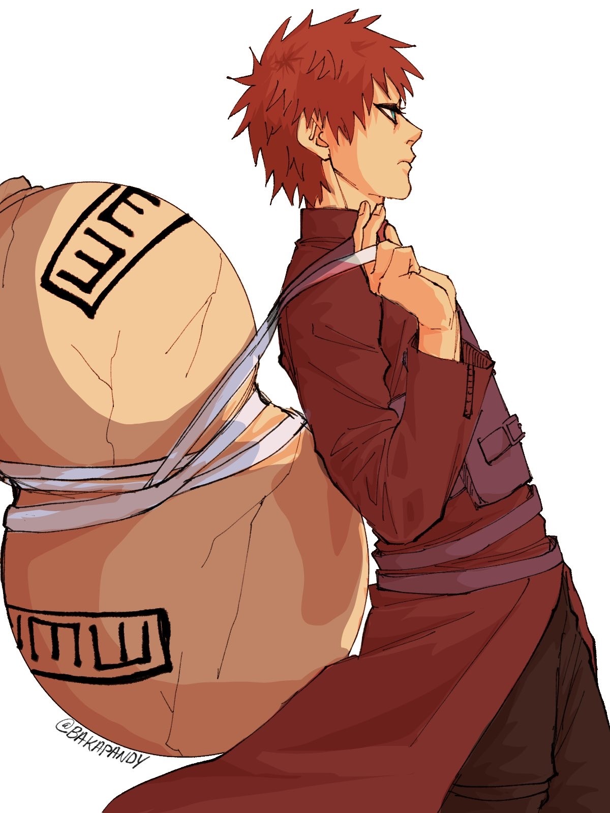 bakapandy, gaara (naruto), naruto (series), naruto shippuuden, commentary, english commentary, highres, 1boy, black eyeliner, coat, eyeliner, from side, frown, jug (bottle), makeup, male focus, red coat, red hair, solo, tumblr username