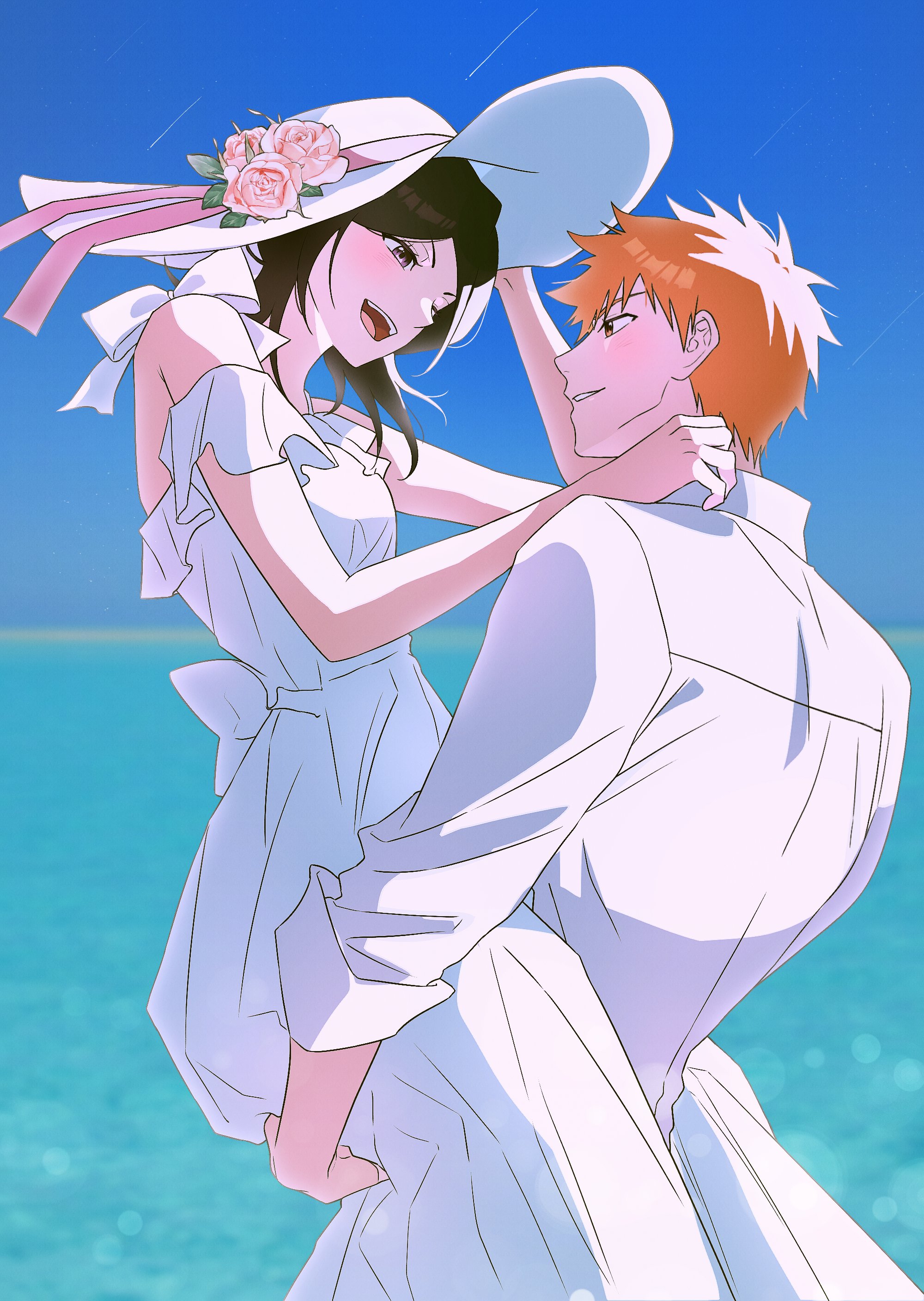 gwao ( ul 13), kuchiki rukia, kurosaki ichigo, bleach, absurdres, commentary request, highres, korean commentary, 1boy, 1girl, black hair, blue sky, blush, carrying, carrying person, dress, flower, hat, hat flower, ocean, open mouth, orange hair, shirt, sky, smile, white dress, white hat, white shirt