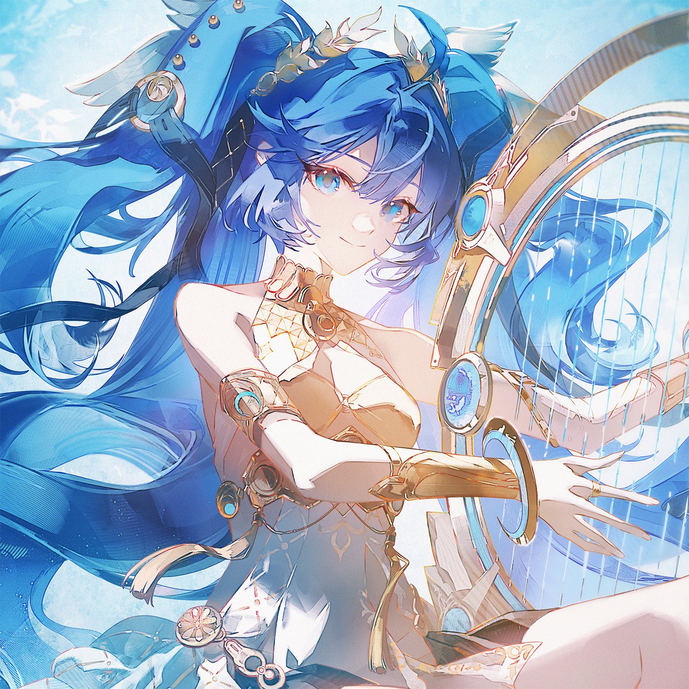 satsuya, iuno (wuthering waves), highres, armlet, bare shoulders, blue eyes, blue hair, cleavage cutout, clothing cutout, harp, instrument, jewelry, light smile, twintails, underboob cutout